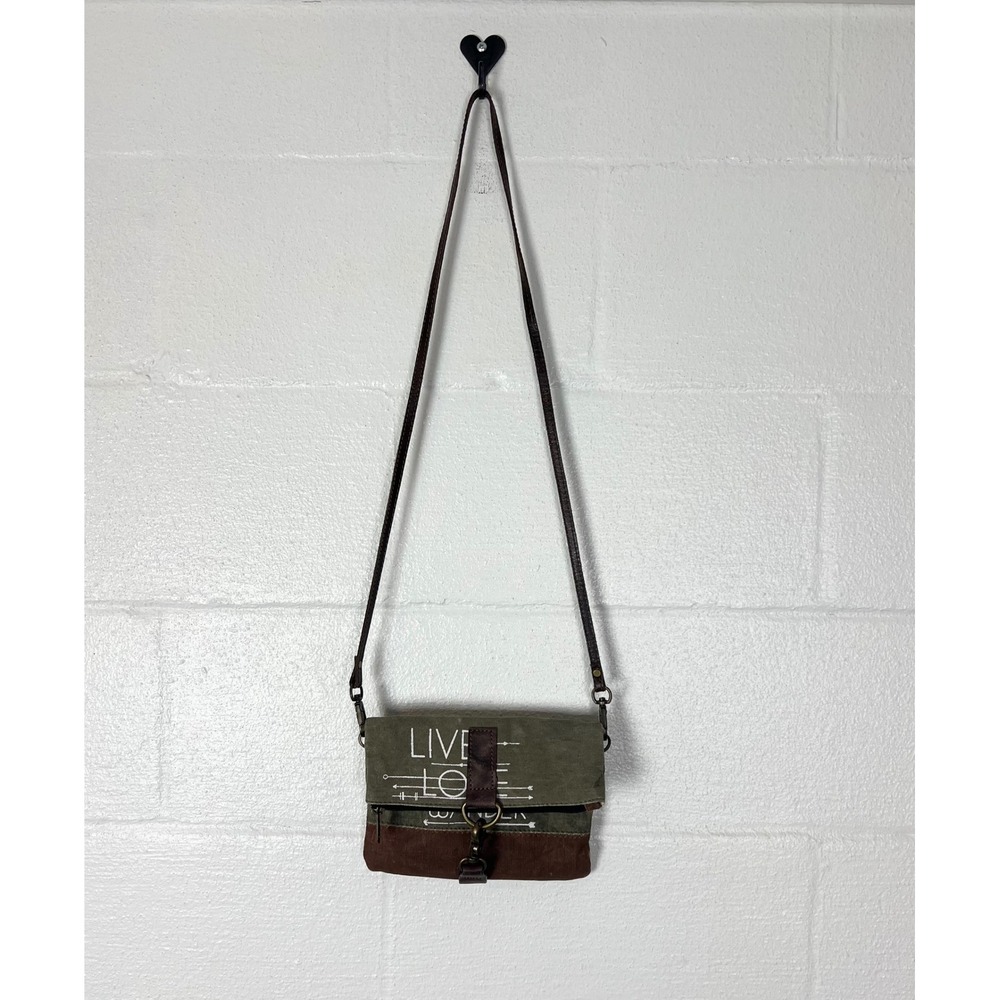 Mona B Live Love Wander Upcycled Canvas Foldover Crossbody Bag Green Brown